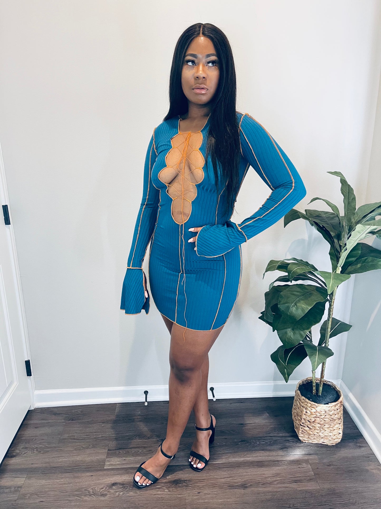 Aquamarine Gem Flared Sleeves Dress