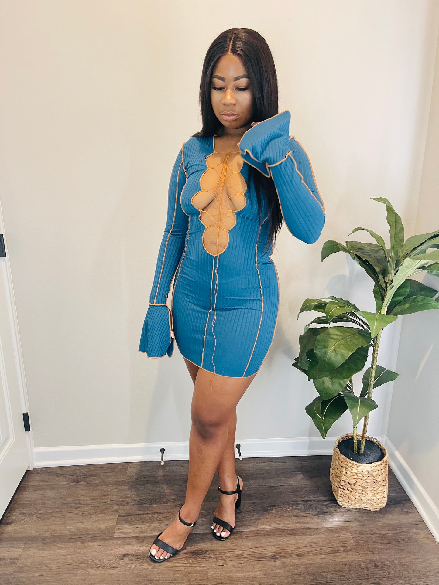 Aquamarine Gem Flared Sleeves Dress
