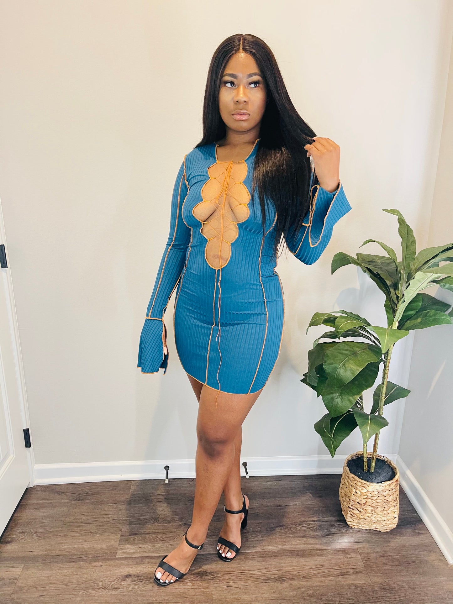 Aquamarine Gem Flared Sleeves Dress